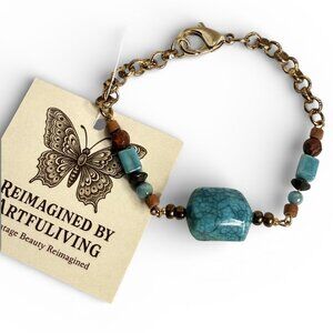 REIMAGINED Boho Bracelet Glass Wood Faux Turquoise Beads 7"